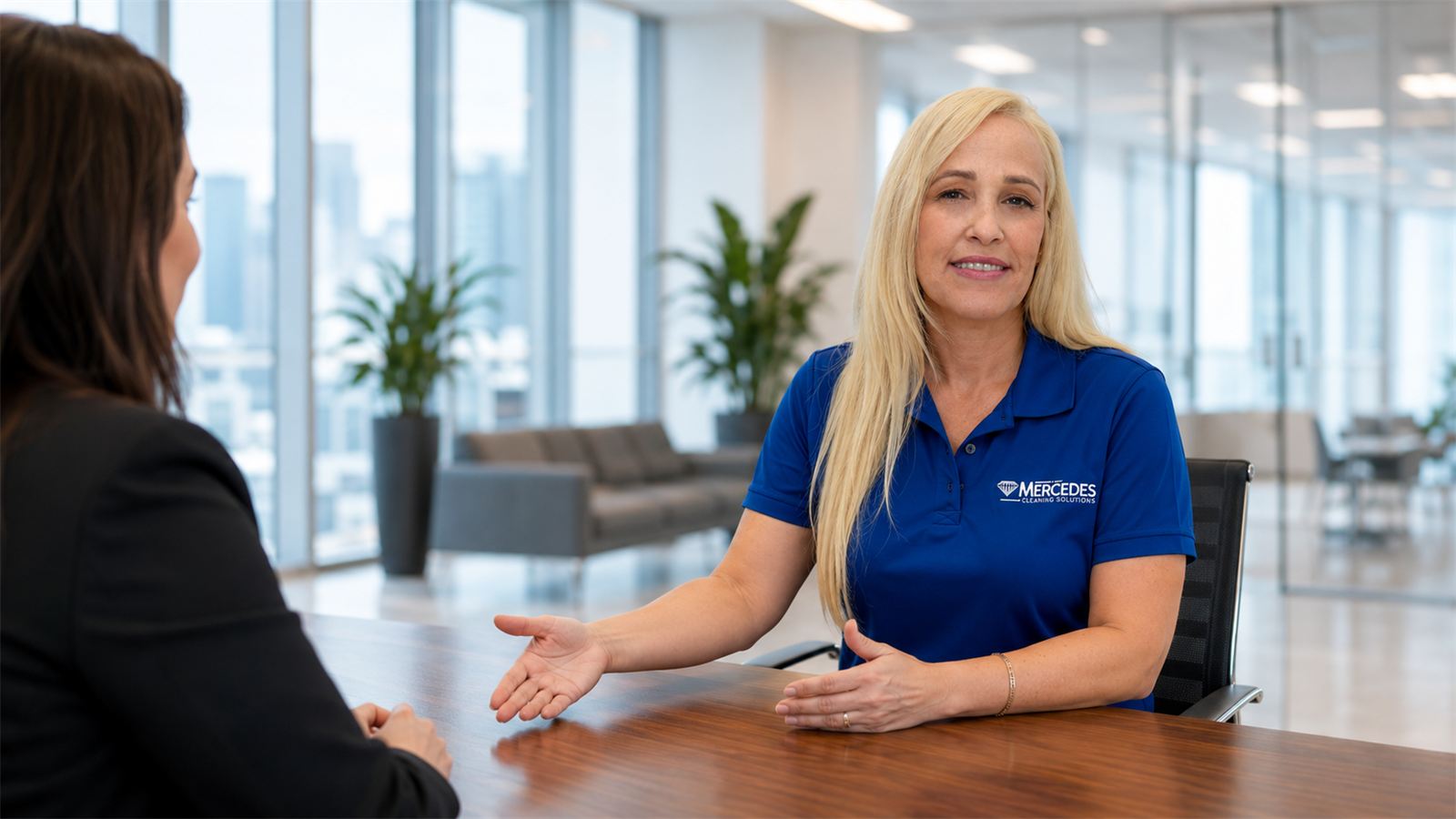 Mercedes Cleaning Solutions team member speaking with a client
