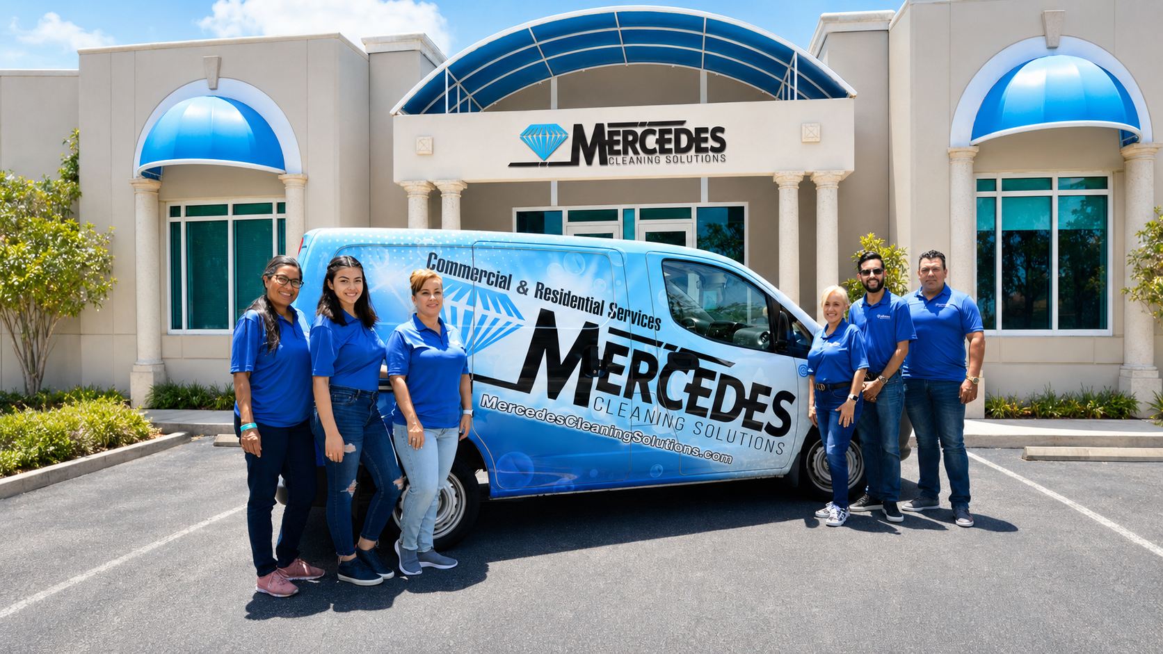 Mercedes Cleaning Solutions team and van outside a South Florida office building