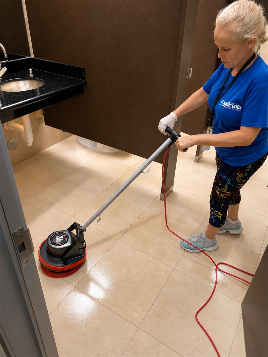 Mercedes Cleaning Solutions staff buffing a tile floor