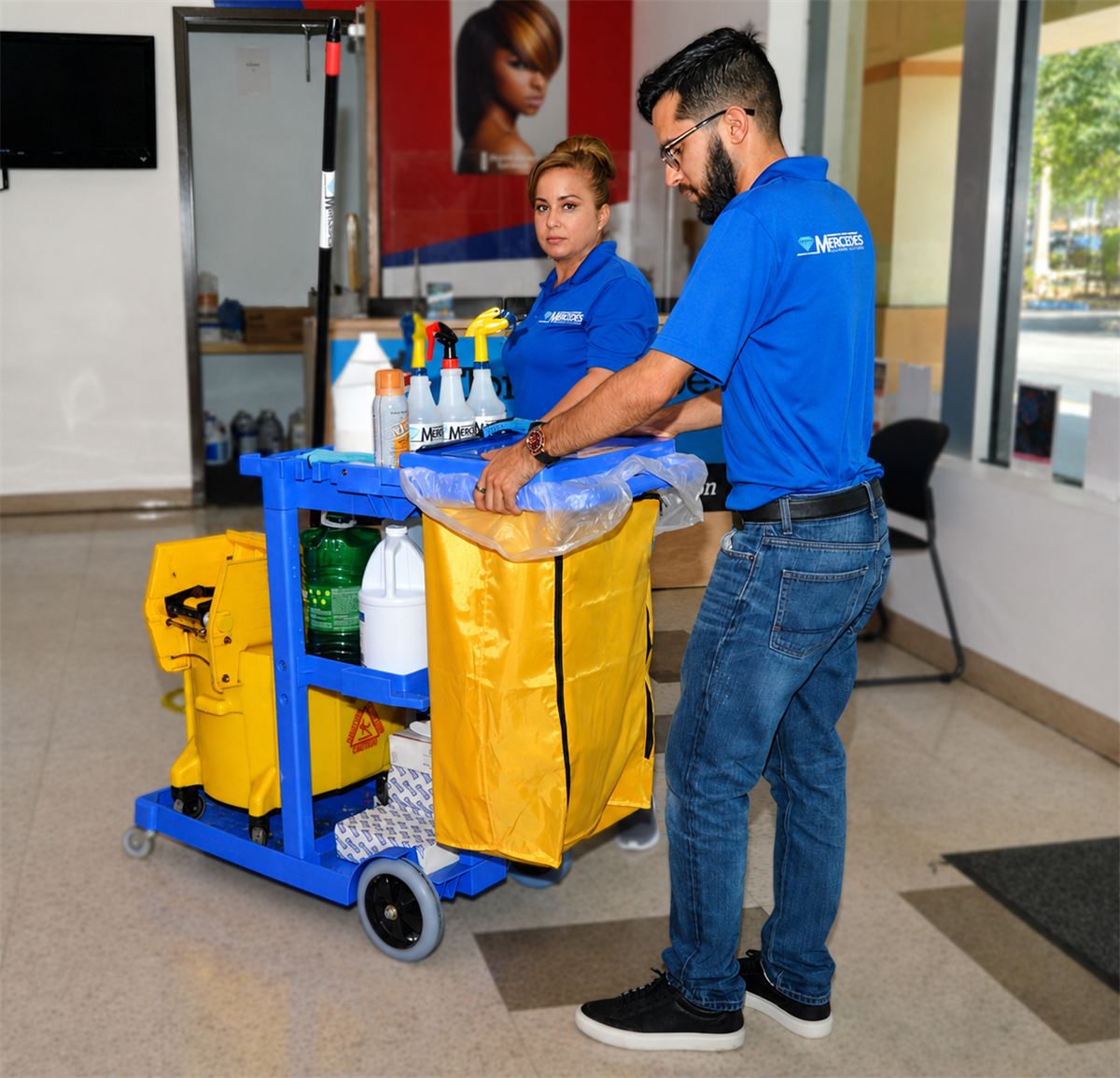 Mercedes Cleaning Solutions janitorial cart in a retail lobby