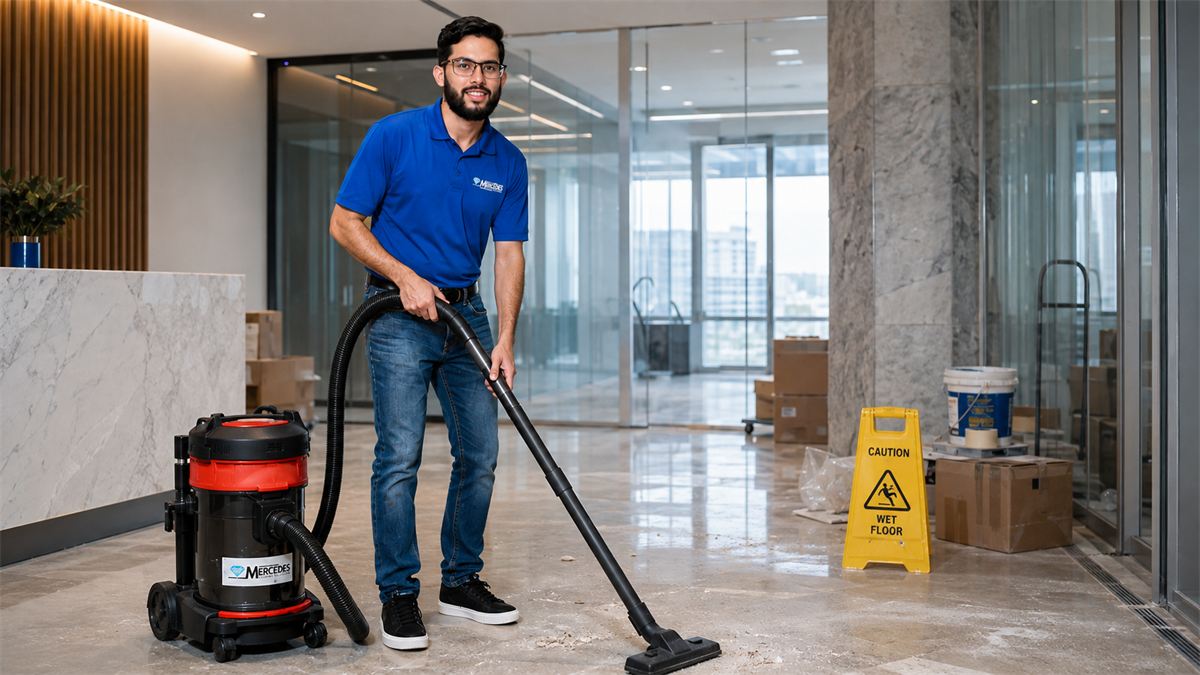 Mercedes Cleaning Solutions staff vacuuming a post-construction lobby