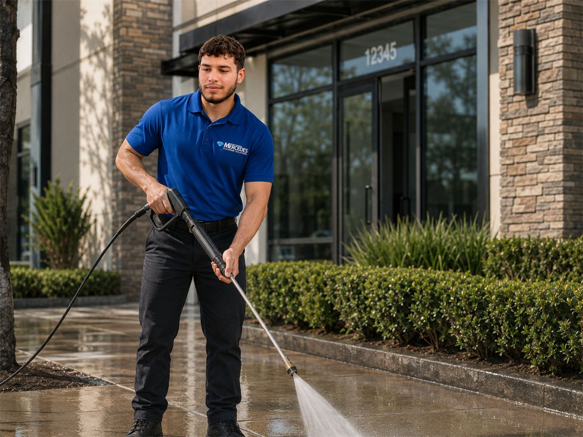 Mercedes Cleaning Solutions team member pressure washing a storefront sidewalk