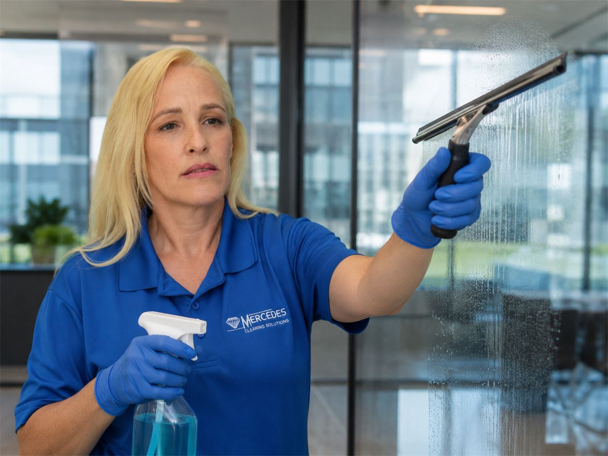 Mercedes Cleaning Solutions team member cleaning a window