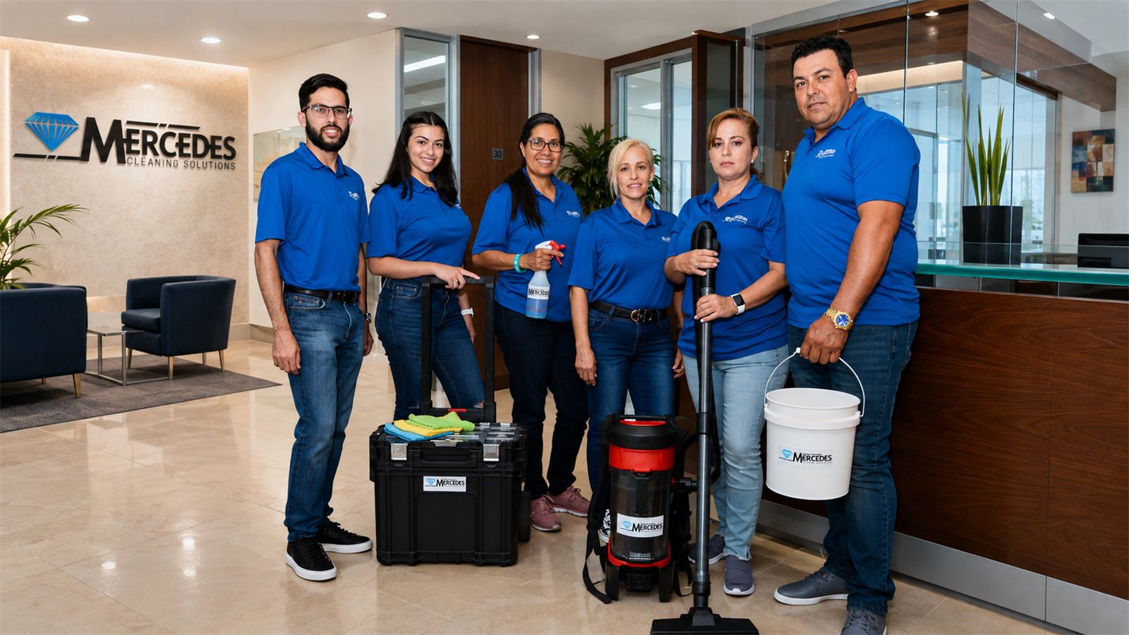 Mercedes Cleaning Solutions team with cleaning equipment in an office lobby